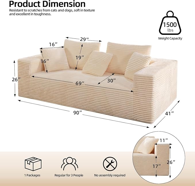 71 Cloud Boneless Loveseat Sofa Couch Bean Bag 3-Seater Couch with Memory Foam Corduroy Comfy Floor Sofa Deep Seat for Living Room Bedroom Apartment No Assembly (White)
