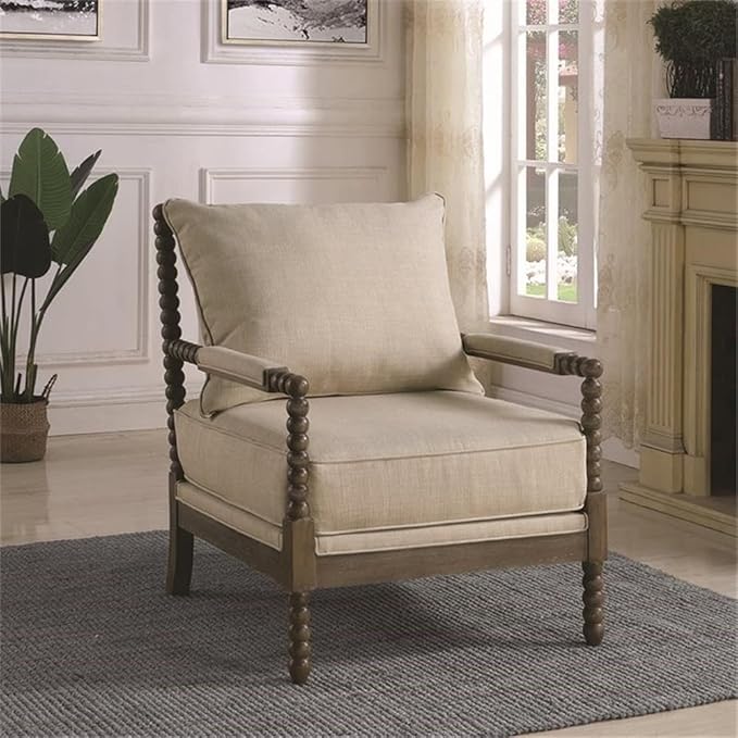BOWERY HILL Modern Accent Chair Beige Fabric Upholstery Dark Walnut Wood Finish Cushion Back 38 H x 29.5 W x 34 D Casual Style Solid Pattern Living Room Seating