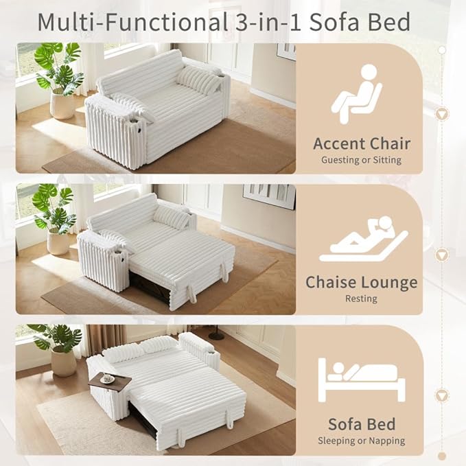 68 Corduroy Convertible Sofa Bed with USB Storage Armrests &amp Pillows – 3-in-1 Foldable Sleeper Chair Floor Couch for Living Room Bedroom Guest Room (ZY-1109-White)