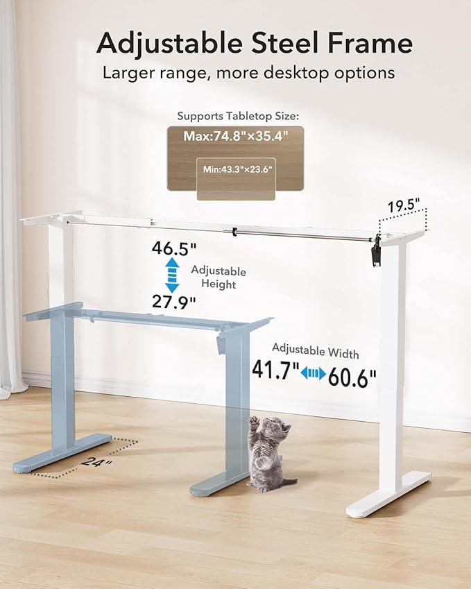 HUANUO Standing Desk Frame with 220lbs Powerful Brushless Motor Thick T-Shaped Adjustable Desk Legs Made of Automotive-Grade Steel for Max 75″ x 35″ Desktop for Home Office White Frame Only