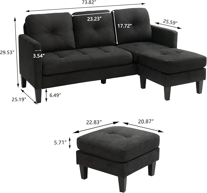 Convertible Sectional Sofa Couch with Chaise Black L Shaped Couch Sofa Set with Reversible Ottoman Modern Small Sectional Couches for Living RoomApartmentSmall Spaces (Black)