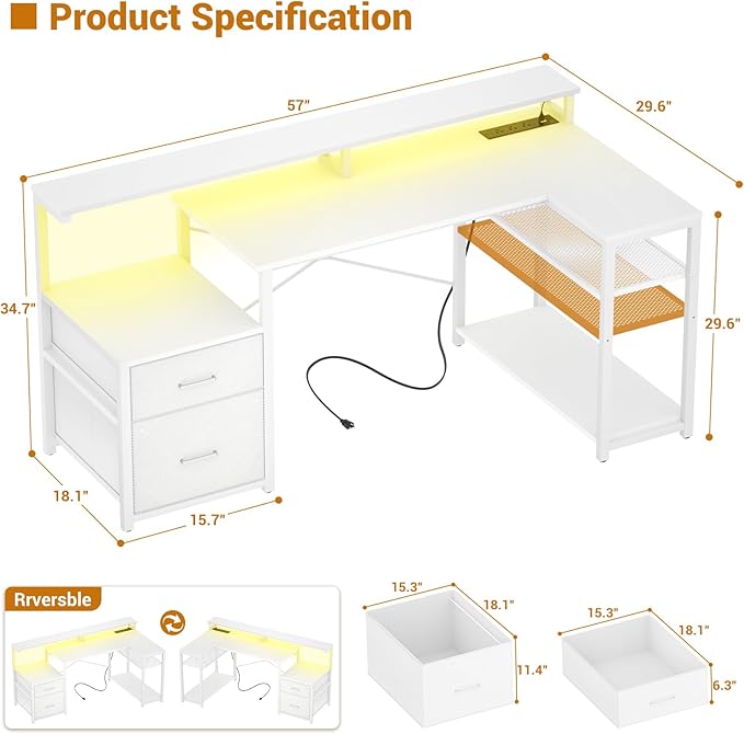 Aheaplus L Shaped Desk with File Drawer Reversible L Shaped Computer Desk Gaming Desk with Power Outlet &amp LED Strip Home Office Desk with Monitor Shelf Corner Desk with Storage Shelves White