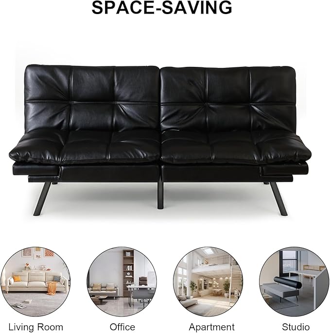 MUUEGM Futon Sofa Bed 71 Folding Recliner Lounge with Adjustable Backrest &amp Armrests Comfy Loveseat Sleeper Couch for Compact Spaces Faux Leather Black