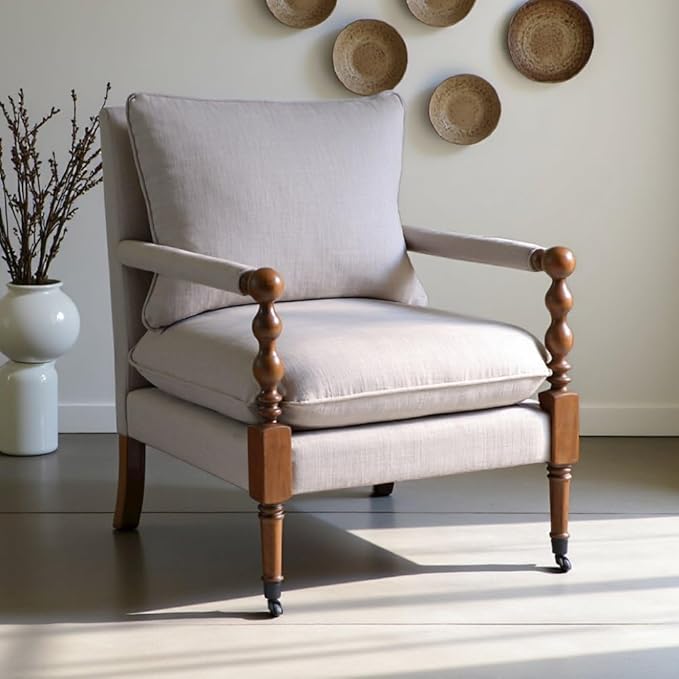 Beige Upholstered Accent Chair with Casters Perfect Armchair for Living Room Small Living Room Chair Stylish and Comfortable Arm Chairs
