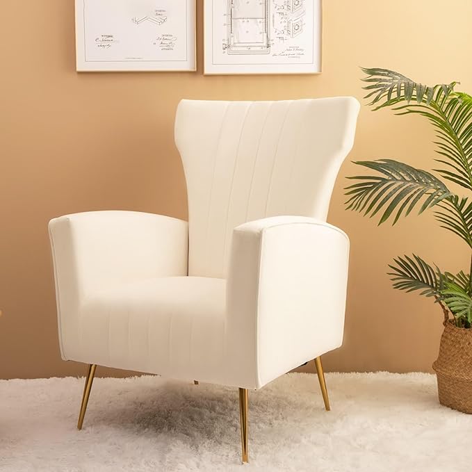 Velvet Accent Chair Wingback Arm Chair with Gold Legs Upholstered Single Sofa for Living Room Bedroom White