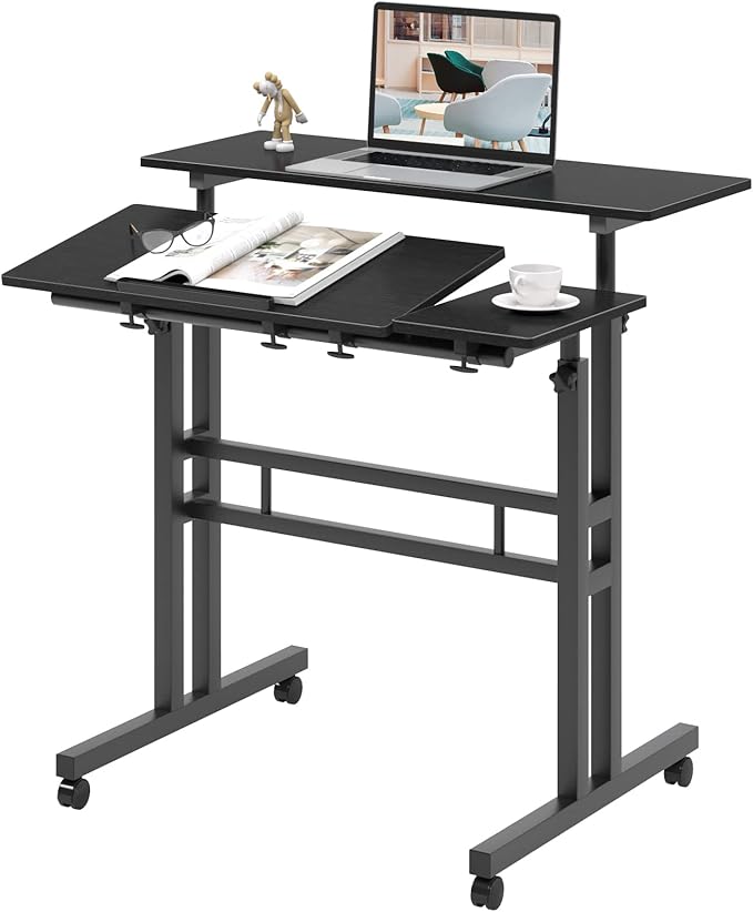 DlandHome Computer Desk Adjustable Rolling Desk Standing Desk 31.5L x 23.6W x 26.4-45.3H inch Black