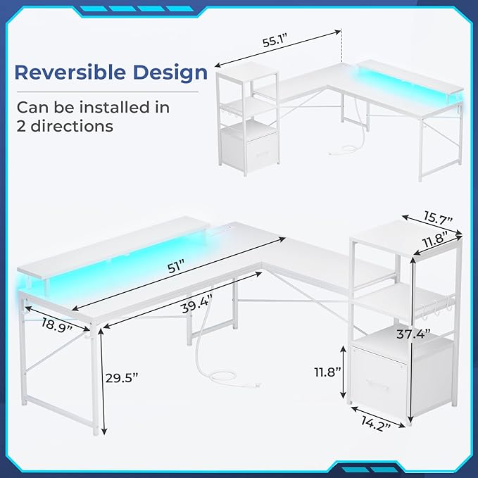 SEDETA White L Shaped Desk with Fabric Drawer Reversible 51” Corner Desk with Storage Shelves L Shaped Gaming Table with LED Strip Power Outlet and Monitor Shelf for Home Office