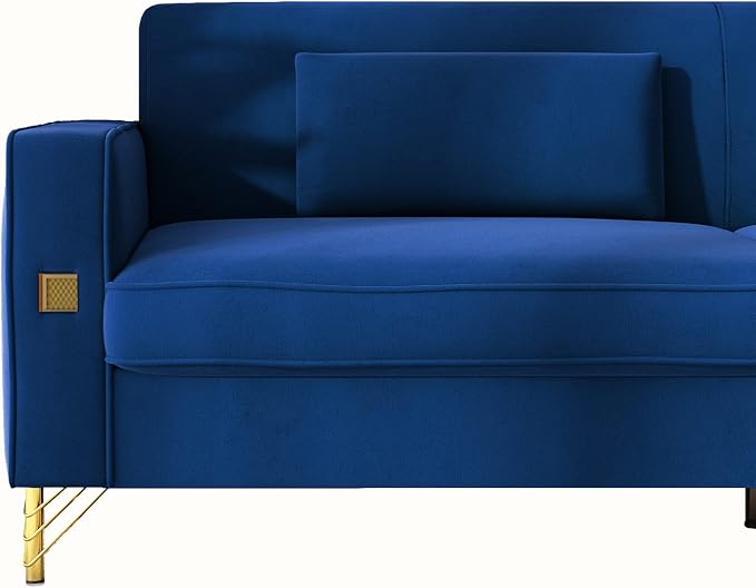 85.63 Velvet SofaModern Loveseat Couch with Pillows Set of 2 for Living RoomBedroomApartment Furniture with Gold Metal Legs (Blue)