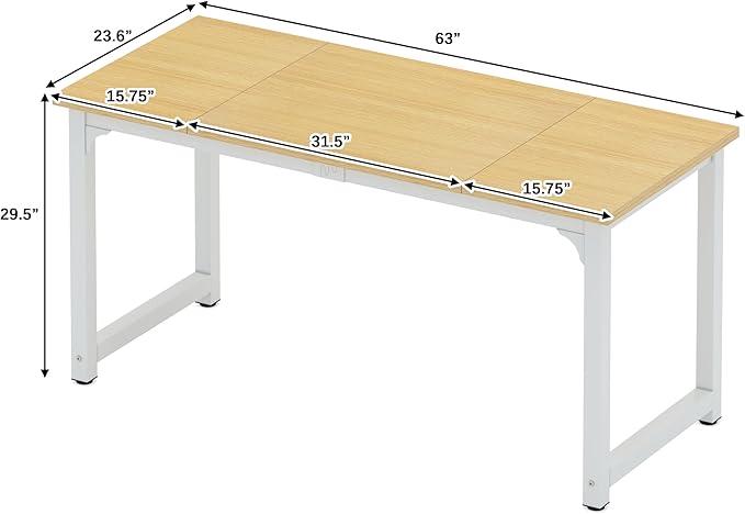 NSdirect 63 Computer DeskLarge Home Office Desk Wide Workstation 1 inch Thicker Tabletop for WritingGames and Home Work PC Desk Modern Finish Wood Board and Sturdy Steel LegsOak+White