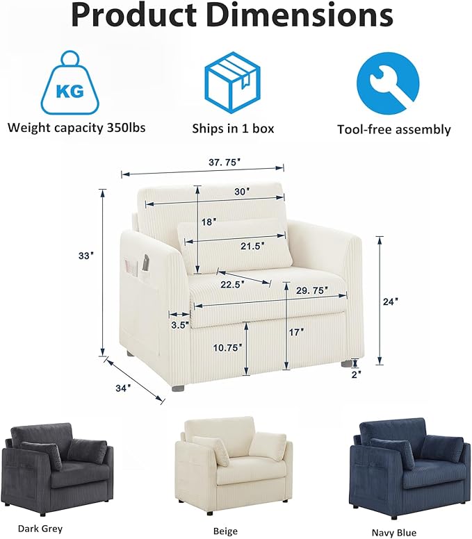 Modern Corduroy Accent Chairs 38 W Comfy Armchair with Soft Pillows and Side Pockets Single Reading Chairs for Living Room Bedroom Apartment Beige