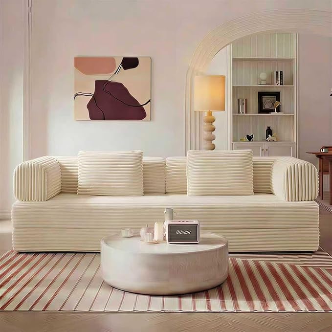 Convertible Sleeper Sofa Bed Folding Floor Mattress Couch with Fixed-Shape Frame Futon Boneless Couch Lounge Loveseat with Pull Out Bed No Assembly Required Beige White