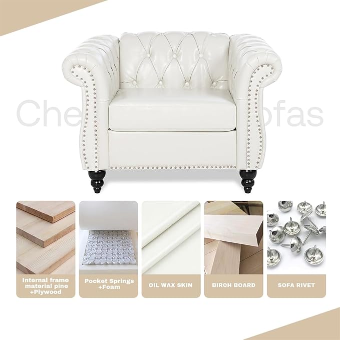 White Chesterfield Accent Chair Faux Leather Upholstered Tufted Wingback Club Chair Mid-Century Modern Living Room Chair with Sturdy Wood Frame Comfy Oversized Armchair for Bedroom Office