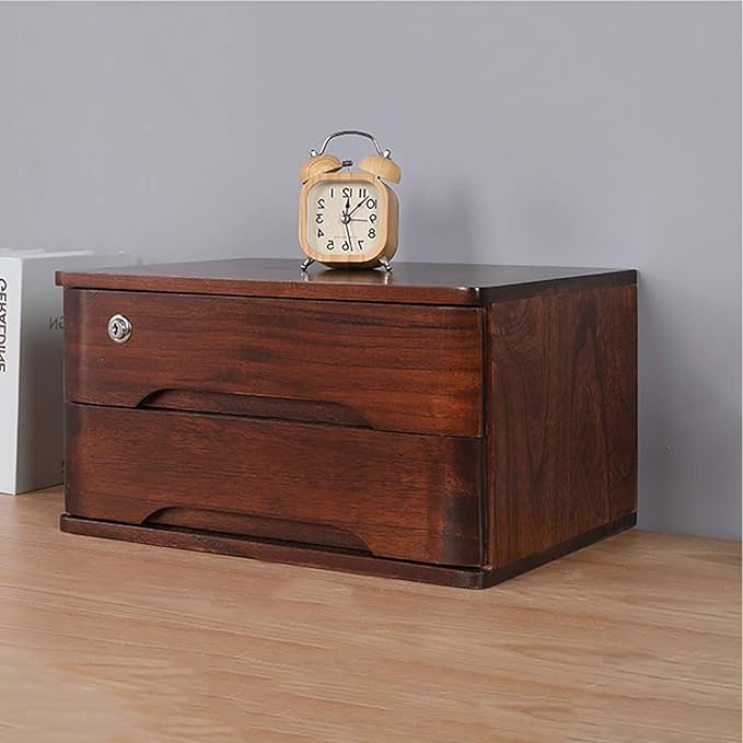 Desktop Storage Box with Drawers - Desktop File Cabinet Laptop Stand Wooden Storage Box Makeup Storage Drawers Cabinet Desktop Storage Box with Lockable Drawers for Office and Home