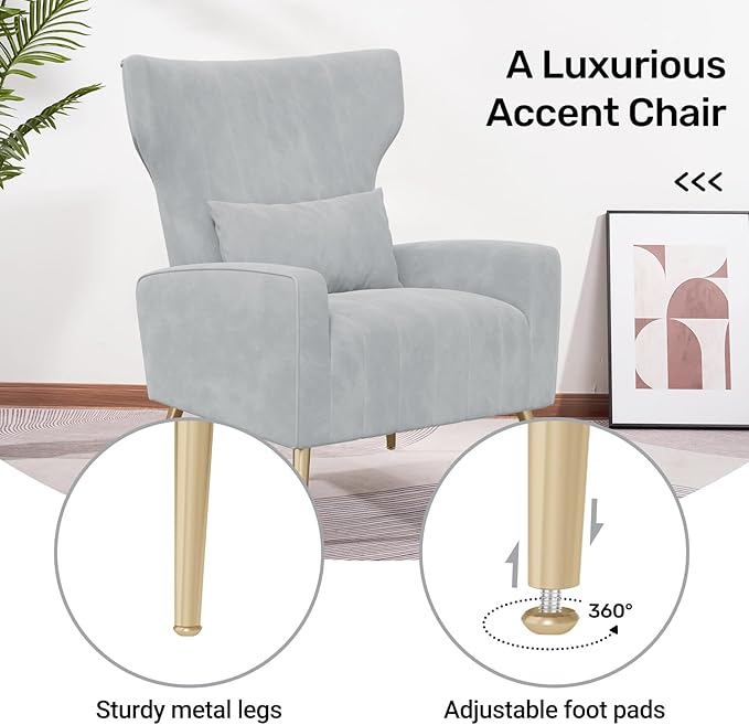Velvet Accent Chair Wingback for Living Room High Back Arm Chair with Golden Legs Lumbar Pillow Upholstered Single Sofa Bedroom Light Grey