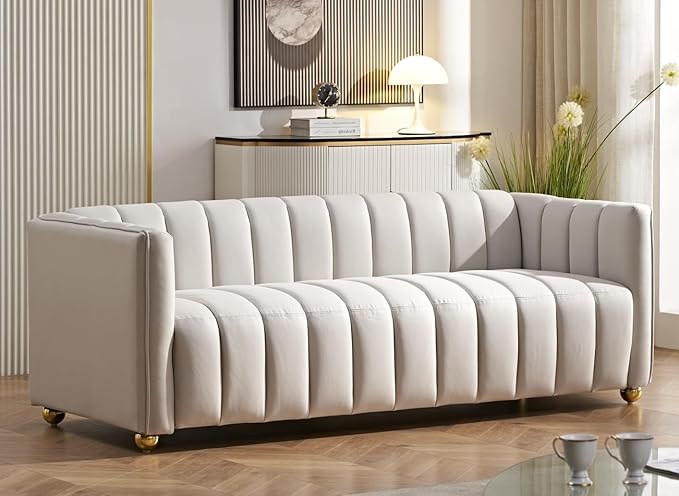 Direct Glam Fabric Upholstered Solid Wood Frame 82.7 Art Deco Sofa for Living Room Office Sophisticated 3 Seater Couch Ivory