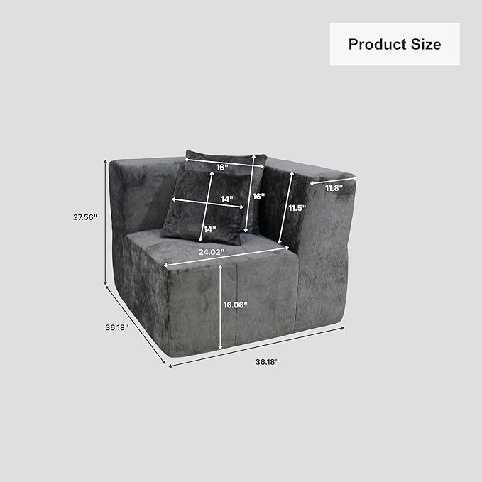 · REDEARTH · Right Armchair Velvet Sectional Sofa No-Assembly Compressed Couch in a Box Firm Support Boneless Modular System in Plush Velvet for Living Room (1-Seater) Dark Gray
