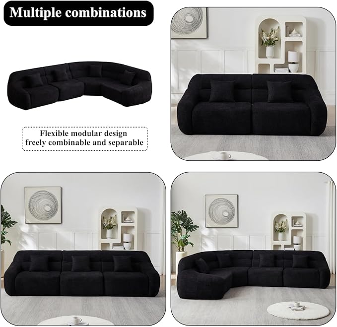 123 L-Shaped Corner Sectional Sofa with Curved Edge Modern Chenille Modular Cloud Couch High Back Oversized 4-Seater with 4 Pillows No Assembly Required Black