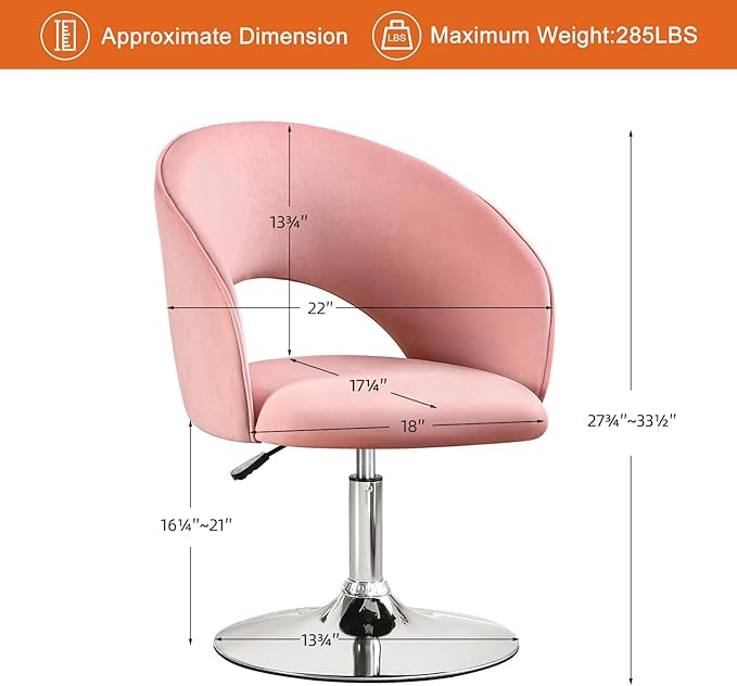 Furniliving Vanity Chair Contemporary Height Adjustable Round Velvet Back Tilt Swivel Accent Chairs 360° Swivel Makeup Chair with Chrome Frame Charming Stool Lounge Pub Bar (Pink)