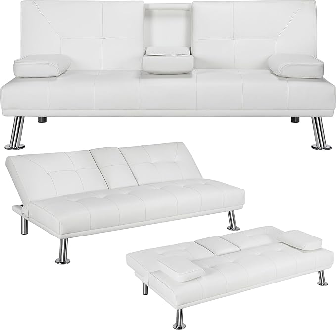 Modern Futon Sofa Bed 67 Inch Leather Convertible Futon Couch Loveseat Sleeper for Small SpacesComfy Folding Recliner Couches for Living Room Adjustable Backrest2 Cup HoldersMetal Legs (WHITE)