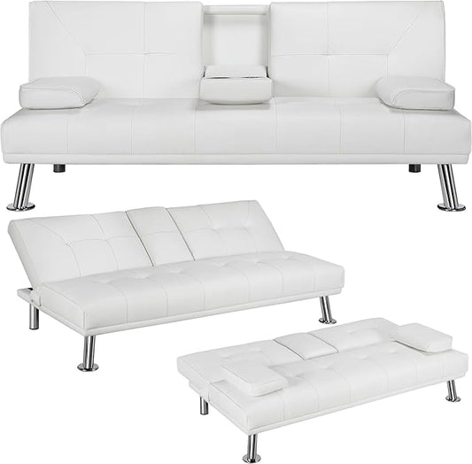 Modern Futon Sofa Bed 67 Inch Leather Convertible Futon Couch Loveseat Sleeper for Small SpacesComfy Folding Recliner Couches for Living Room Adjustable Backrest2 Cup HoldersMetal Legs (WHITE)