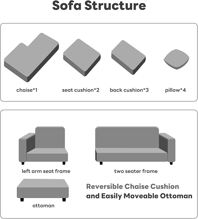 Tbfit L Shaped Couch Oversized 108 Modular Sectional Sofa with Convertible Chaise Comfy 4 Pillows Sofa for Living Room Gray
