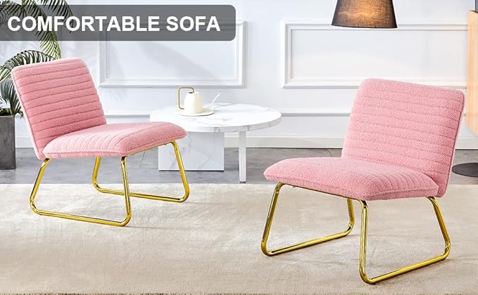 Modern Minimalist Pink Plush Fabric Single Person Sofa Chair with Golden Metal Legs. Suitable for Living Room Bedroom Club Comfortable Cushioned Single Person Leisure Sofa RR79