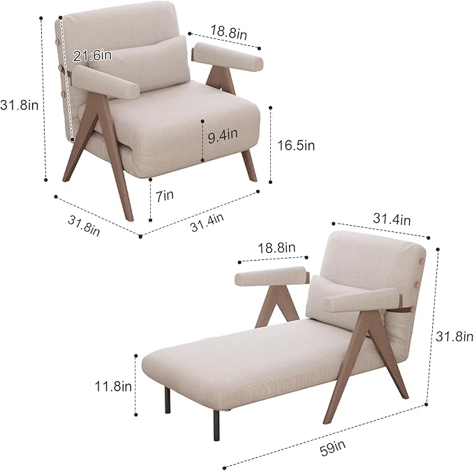 KungFuWood 32 W Convertible Chair Bed - 3 in 1 Sleeper Adjustable Backrest Futon Small Space Sofa for Living Room Bedroom Home Office Beige White