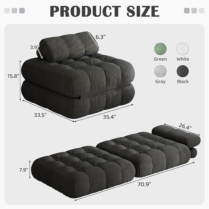 3-in-1 Folding Futon Sofa Bed 35.4 Convertible Sleeper Chair Bed with Pillow Portable Fold Out Boneless Couch Lounge Comfy Velvet Floor Mattress for Living Room Bedroom - Black Single