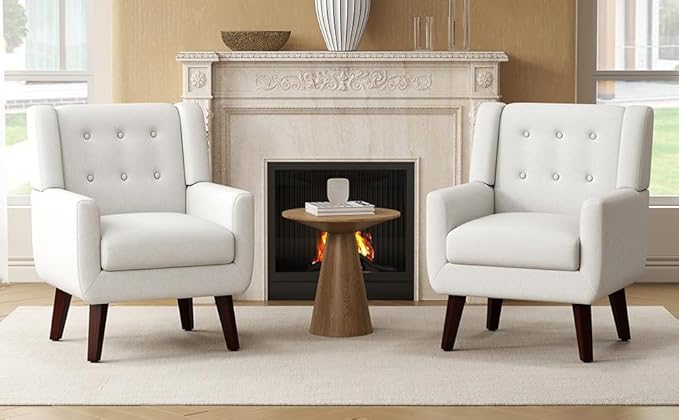 Linen Fabric Living Room Chairs Accent Chair Mid Century Modern Armchair for Living Room Bedroom Button Tufted Upholstered Comfy Reading SofasVanity Chair (1 Beige)
