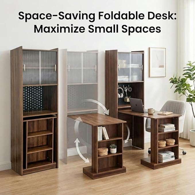 Hidden Desk Fold Out Desk with Storage - Craft Storage Cabinet &amp Fold Out Table for Home Office Bedroom Dorm Apartment | Anti-Tip Sliding Glass Doors Open Shelves &amp PegboardWalnut