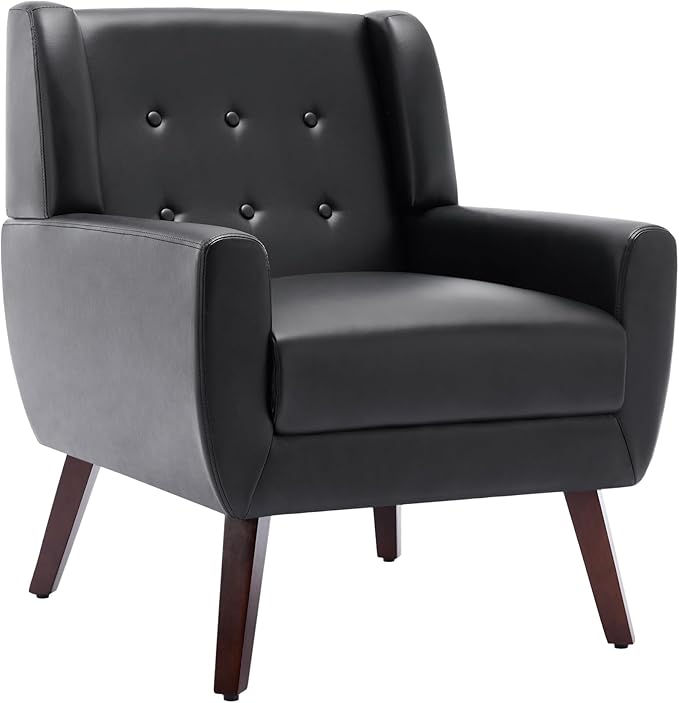 UIXE Faux Leather Accent Chair Modern Arm Club Chair Upholstered Armchair for Living Room Comfy Single Sofa Seats Button Tufted Reading Seating Black
