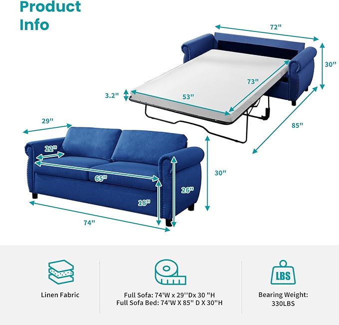 BALUS Pull Out Sofa Bed 2-in-1 Sleeper Sofas Convertible Couch Bed with Nailhead Armrests &amp Memory Foam Mattress Linen Pullout Sofa Beds with Thickened Cushions for Living Room Blue Full Size