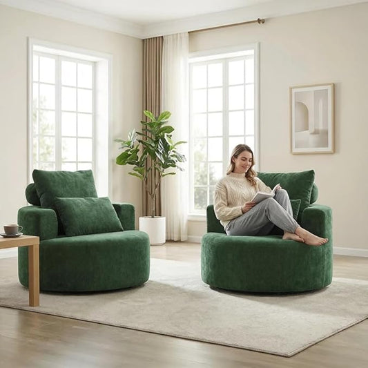 Furnimart 40 Oversized Barrel Accent Chair Set of 2 360° Swivel Round Upholstered Sofa Chenille High-Resilience Sponge No Assembly Wide Seat for Living Room Bedroom Apartment (Green)