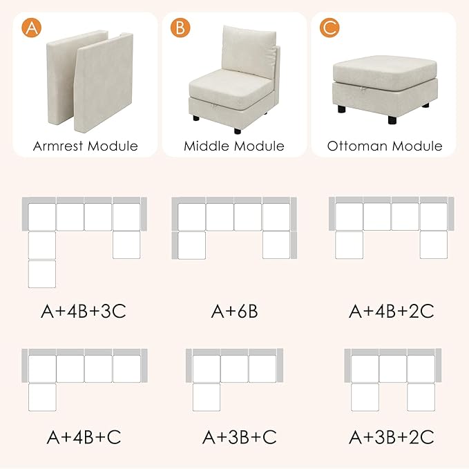 YOUDENOVA 106'' Modular Sectional Sofa 6 Seats Couch Set with Storage U Shaped Sofa with USB Charging Port Modern Comfy Chenille Couch for Living Room Beige