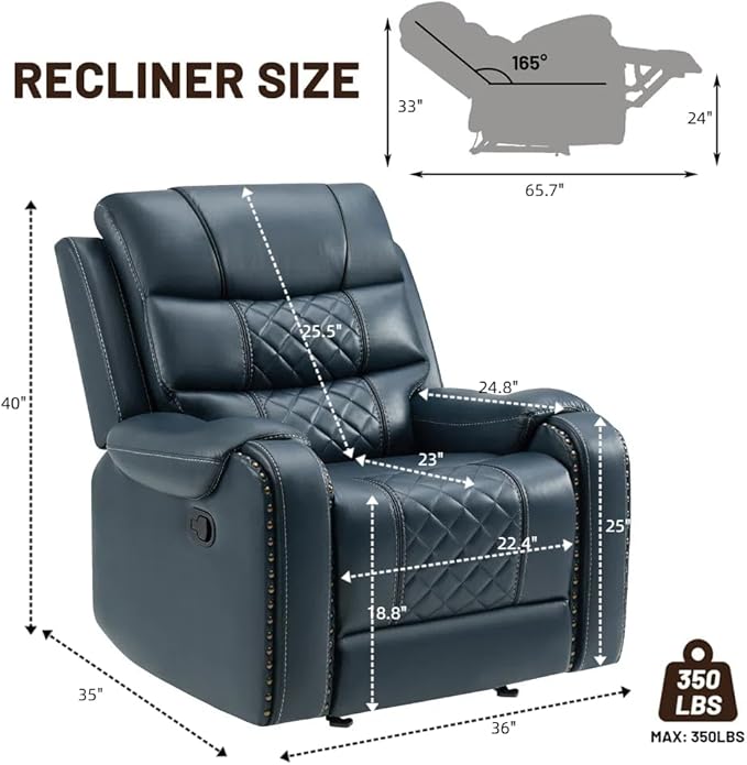 Manual Rocking Recliner Chair 36 Wide Black PU Leather with Diamond Stitching 350 lbs Capacity 90-165° Recline (Blue)