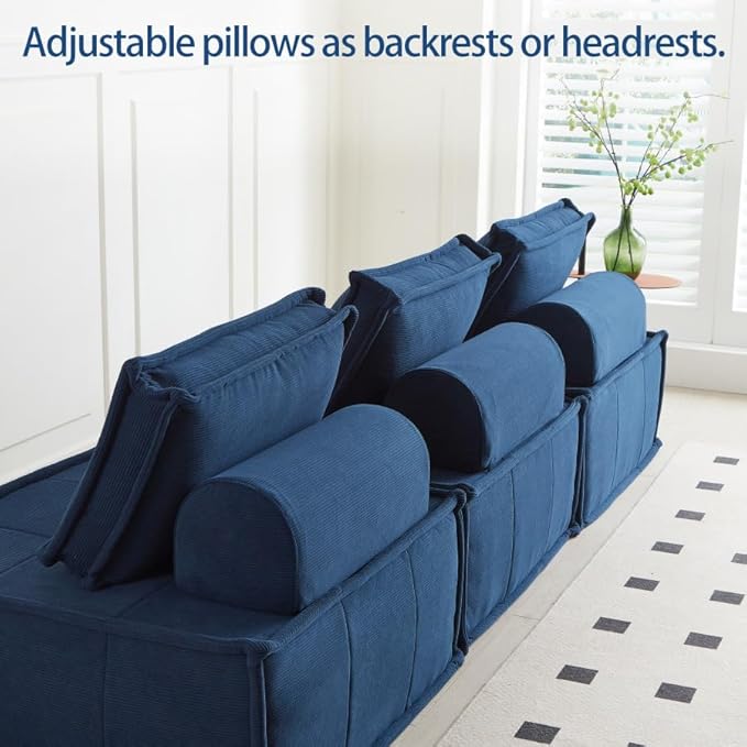 PurrJoys Modular Sectional Sofa 3-Piece 105 Deep Seat Corduroy Lounge Sofa with Movable Cushions Modular Couch for Small Spaces Living Room Bedroom Apartment Office - Blue