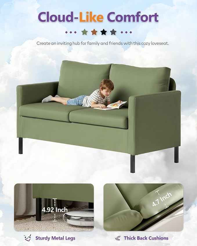 TYBOATLE Faux Leather Modern Small Couches for Small Spaces Comfy Upholstered Love Seat for Bedroom 2 Seater Mini Couch for Apartment Dorm Office Green