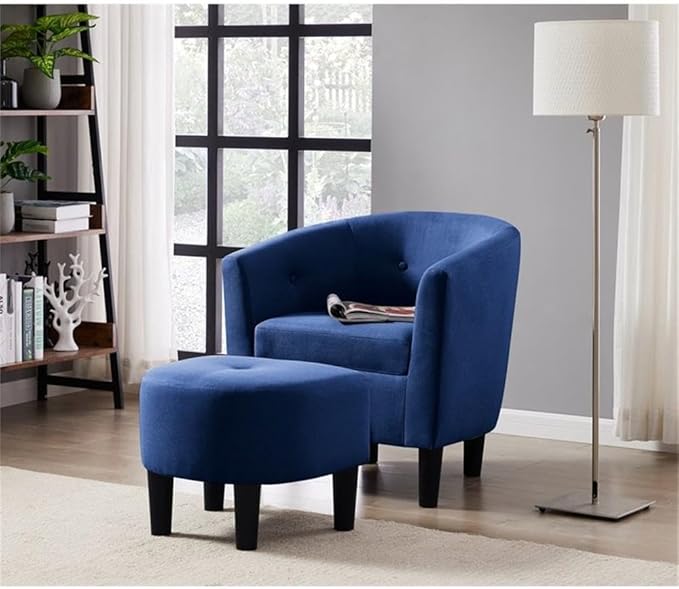 Devion Furniture 57 H Transitional Polyester Fabric Upholstered Button Tufted Accent Chair with Ottoman Easy Assembly for Living Room/Home Office in Blue &amp Black Finish