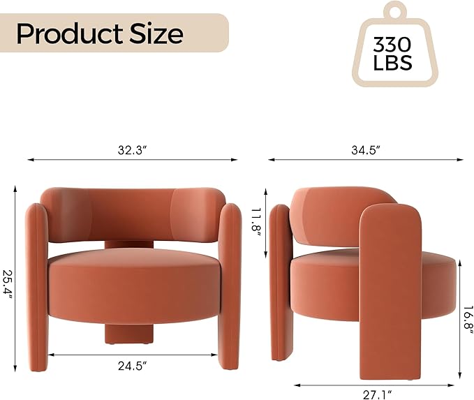 NOBPEINT Mid Century Modern Accent Barrel Chair Round Upholstered Leisure Armchair with Open Back for Living Room Bedroom Apartment Orange