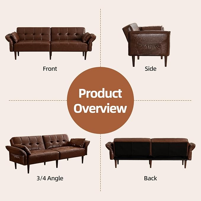 Futon Sofa Bed Sleeper Sofa Small Couch with Storage Adjustable Armrests Pillows Faux Leather Loveseat Mid Century Modern Couches for Living Room Bedroom Apartment Red Brown