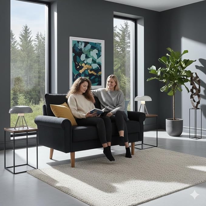 57-Inch Modern Velvet Loveseat Sofa with Rolled Armrests Removable Cushions Solid Wood Legs Comfy Two-Seater Sleeper Couch Easy Assembly for Living Room Bedroom Office Black (Black 2 Seater)
