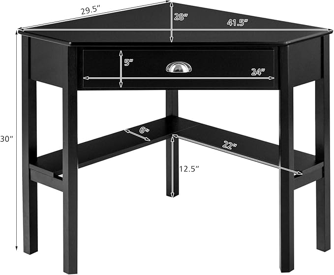 GOFLAME Computer Corner Desk Wood Compact Home Office Writing Workstation with Drawer and Shelves Laptop PC Corner Table for Small Space Home Office Black