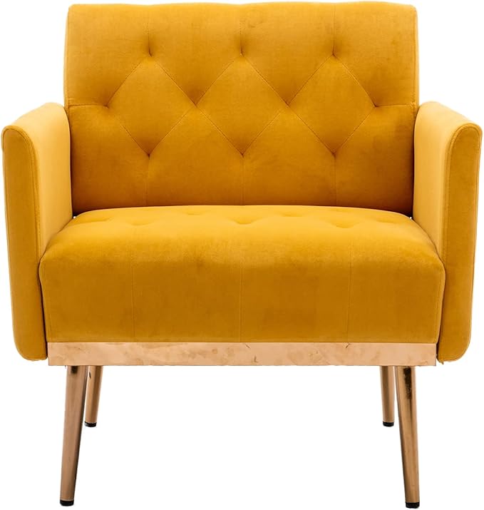 Modern Accent Chair Upholstered Single Sofa Arm Chair for Living Room and Bedroom Upholstered Comfy Armchair Chair with Solid Tapered Metal Legs (Mustard)