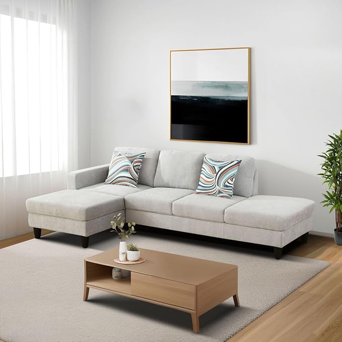 L Shape 2-Piece Home Modular Sectional Sofa Comfy Cozy Corner Sofas Small Fabric Couch with Pillow for Modern Living Room/Bedroom/Office/Apartment Grey White Lint