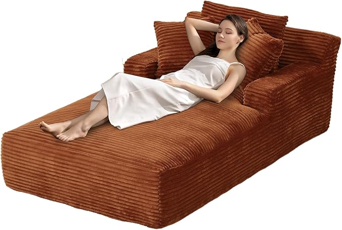 80 Inch Oversized Chaise Lounge Chair IndoorBoneless Corduroy Sofa Bed with Spring CushionDeep Seat Cloud Couch and Reading LoungerSoft Sleeper Sofa for Living RoomNo Assembly Required (Orange)