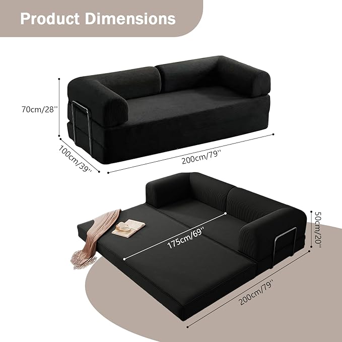 Simcat 79'' Modular Sectional Sofa Couches with Fixed-Shape Frame Memory Foam Couch Floor Sofa with Removable Armrests Pull Out Bed Convertible Sofa Bed for Living Room Bedroom Lounge (Black)