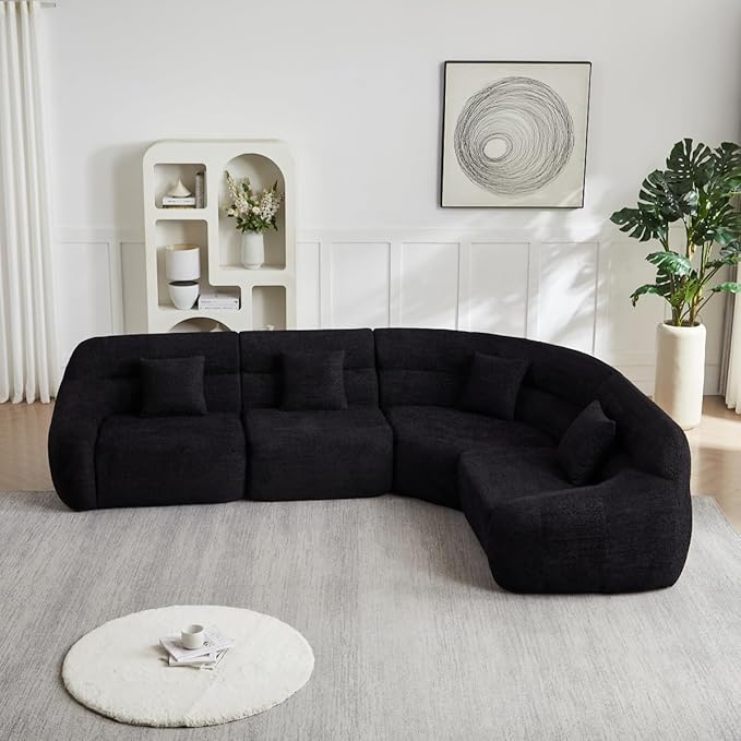 123 L-Shaped Corner Sectional Sofa with Curved Edge Modern Chenille Modular Cloud Couch High Back Oversized 4-Seater with 4 Pillows No Assembly Required Black