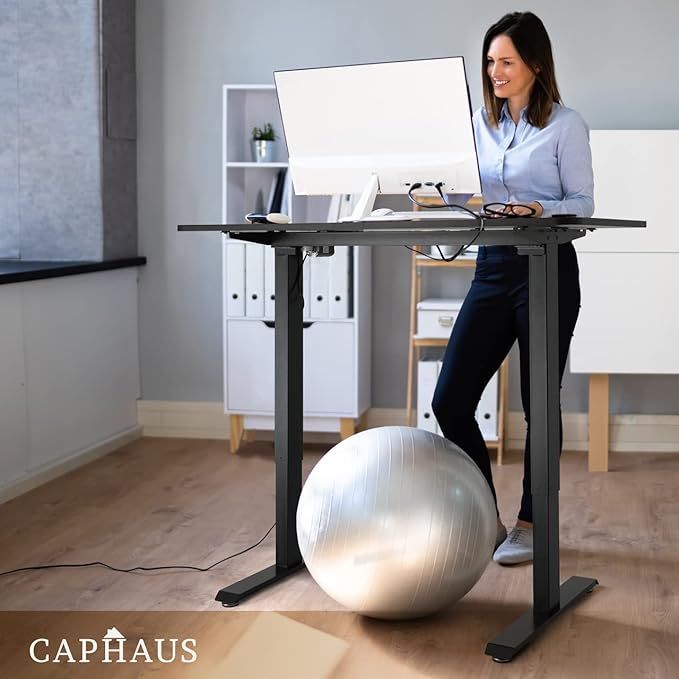 CAPHAUS 48 x 24 Inches Whole-Piece Deskboard Electric Standing Computer Desk Home Office Height Adjustable Desk with Memory Control Panel Black Metal Frame &amp P2 Grade Black Desktop Single Motor