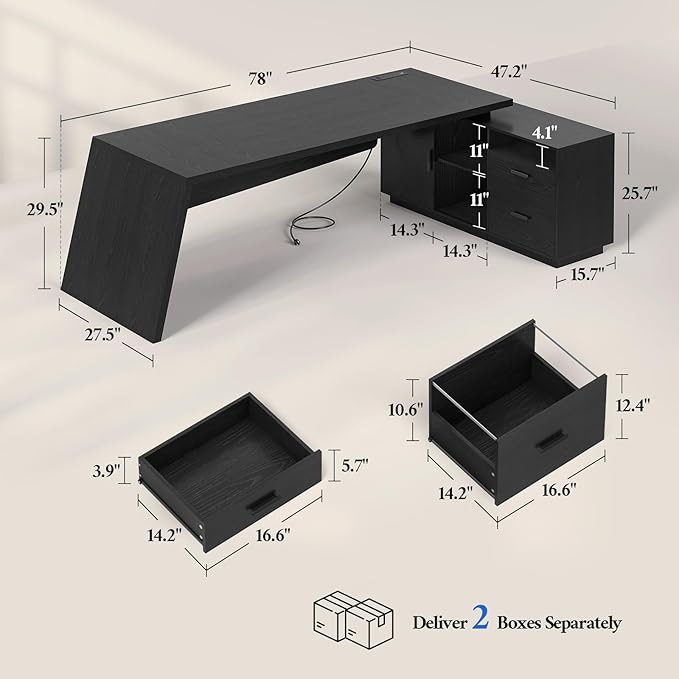 78 inch L Shaped Executive Desk with Power Outlets Large Home Office Desk with Storage Drawers and File Cabinet Modern Computer Desk with Shelves Black Business Furniture