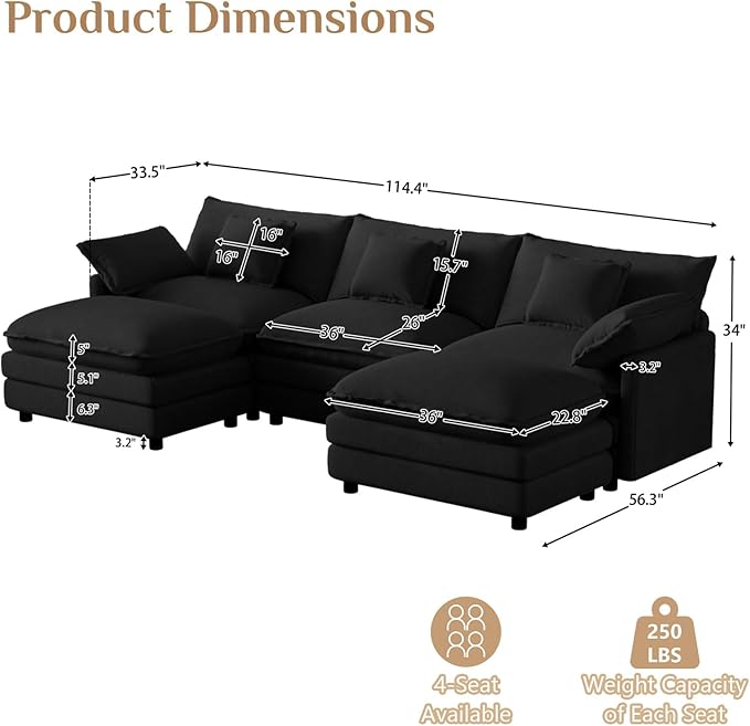 114 U Shaped Cloud Couch Sectionals Oversized Sectional Couches for Living Room Modular Couch Large Velvet Cloud Sofa with Movable Ottoman Black